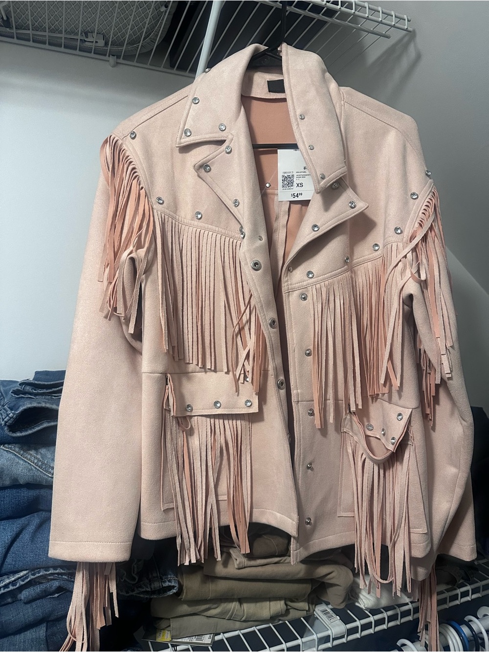 Forever 21 Pale Pink Fringe Moto Jacket